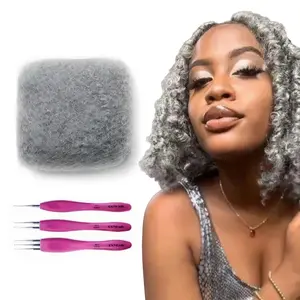 Exyhair Grey Tight Afro Kinky Bulk 100% Human Hair for Afros Braids Dreadlocks Extensions with Crochet Hook Styling Tool Unisex Natural Feel Manageability