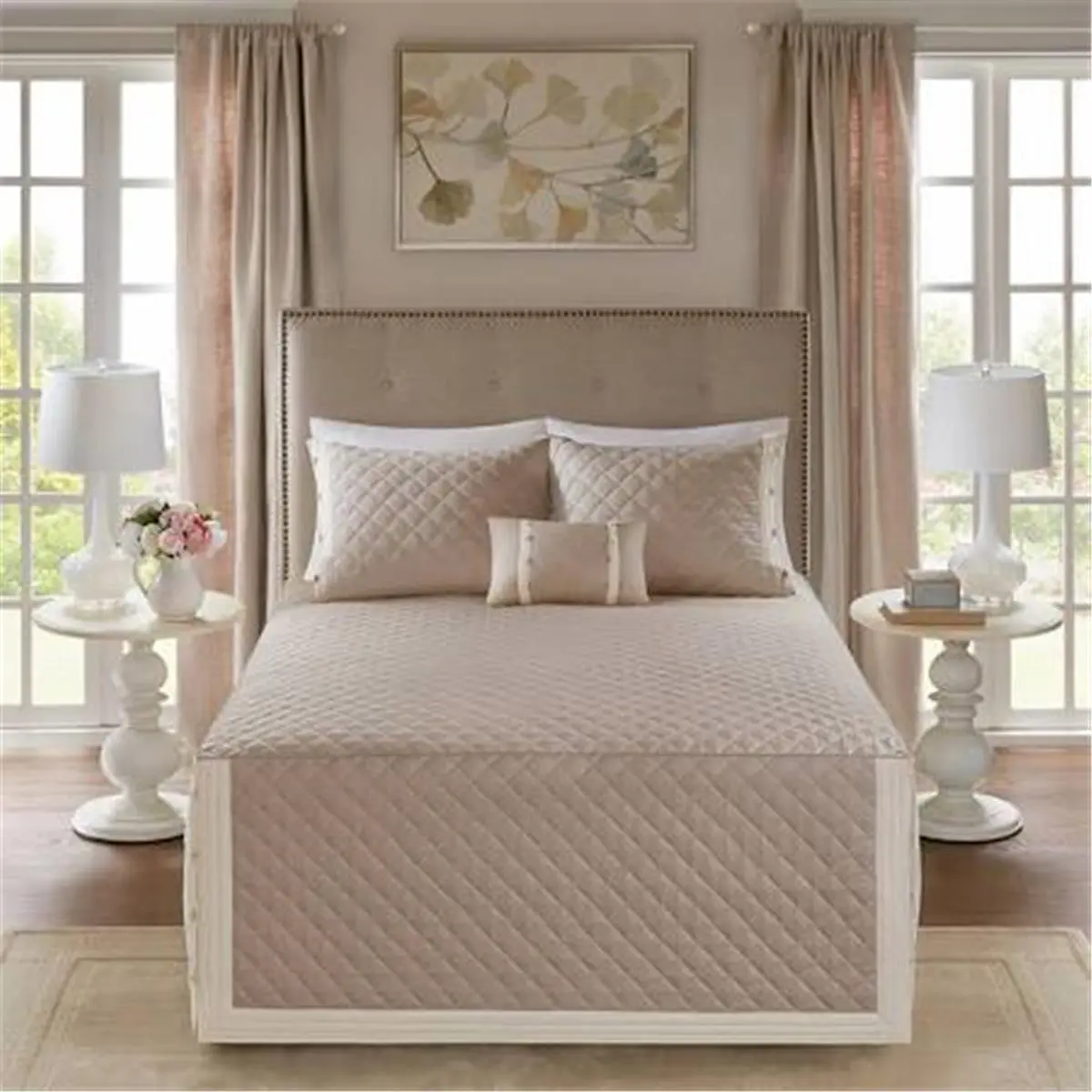212 MAIN King/California King Khaki Elegant Cotton Percale Diamond Quilt 4-Piece Tailored Bedding Set - Decorative Bedspread & Coverlet, Fitted Look, Matching Shams, Quilt Bedding Set