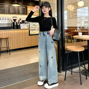 Girl's Wide Leg Denim Jeans Spring Autumn New Arrival Kids Straight Fit Comfortable Pants with Star Embroidery