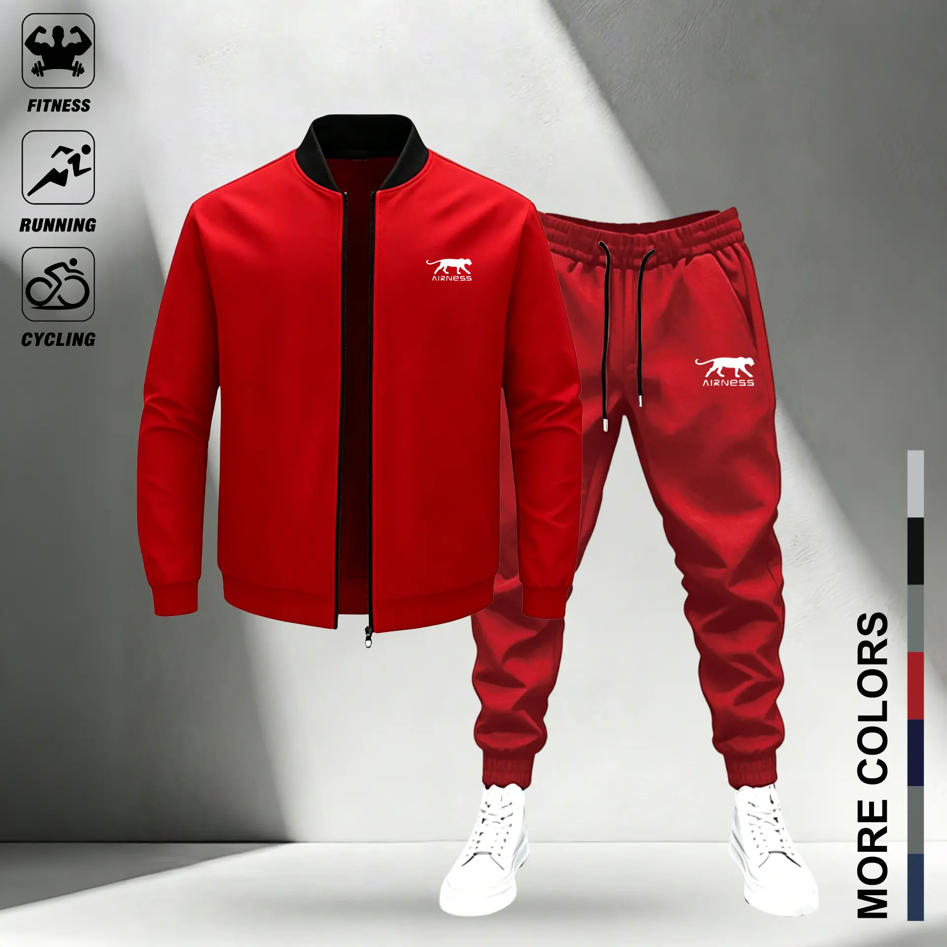 Red Fitness Running Cycling Tracksuit Set with Leopard Logo and Multiple Colors,Men’s Baseball Collar Tracksuit Set, Zip Up Jacket & Jogger Pants Outfit, Lightweight Casual Sports Training Suit For Fitness Running