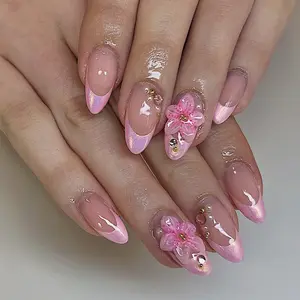 3D Pink Floral Nail Tips Short Almond-Shaped Artificial Nails French Pearl Pink Wearable Nail Tips