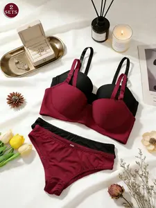 Women's Bra & Panty Set, Adjustable Straps, Soft Fabric, Pure Color Design, Perfect for Weddings, Parties, Daily Wear