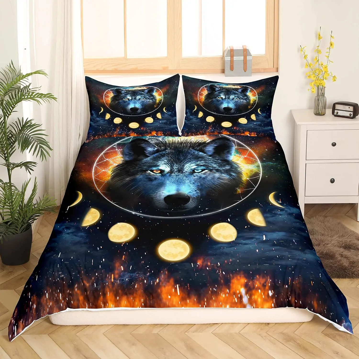Feelyou Boho Wolf Print Duvet Cover Set - Bed Covers, Comfy Bedding Sets, All-Season, No Filler, Soft, Decorative for Home Bedroom Use, Boho Bedding