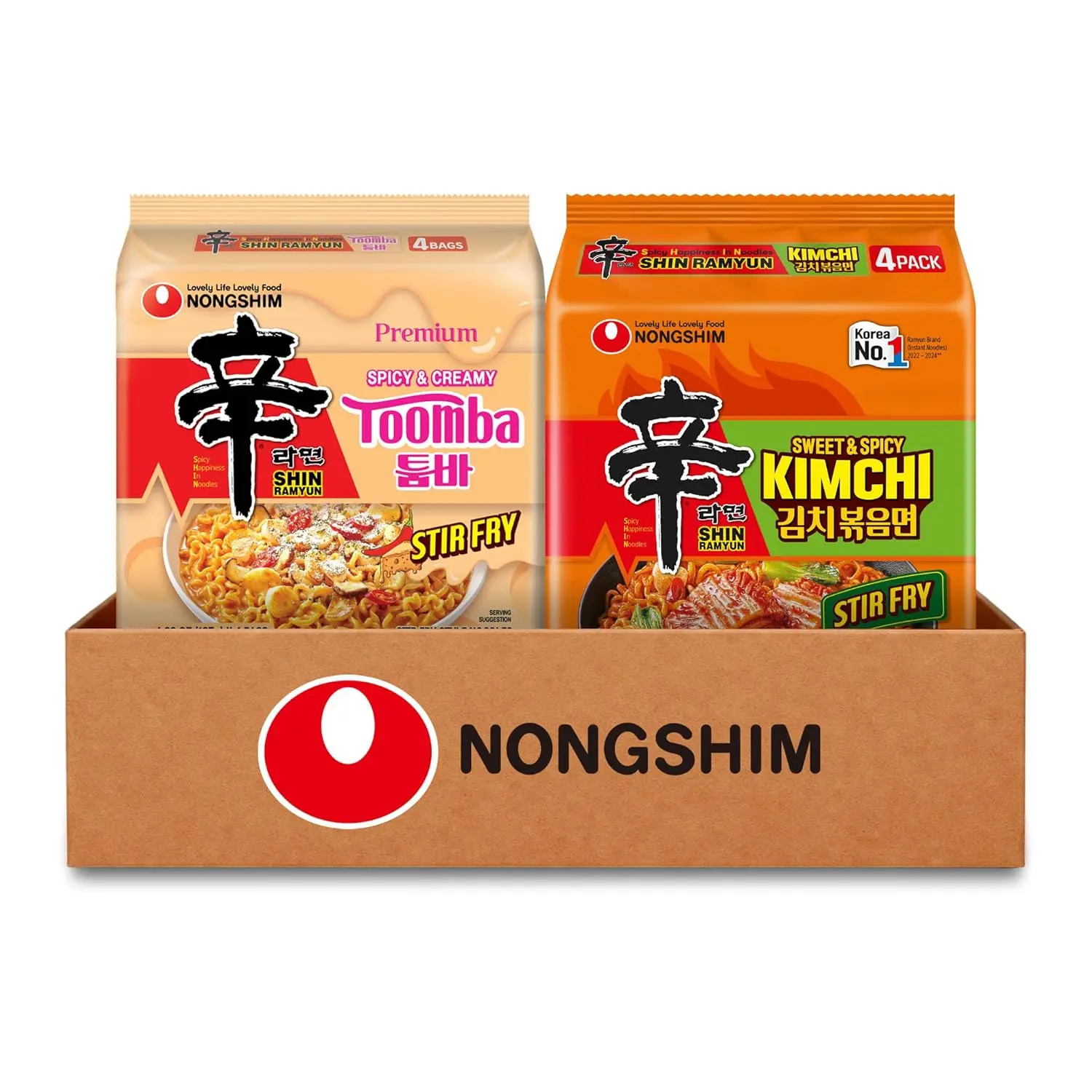 Nongshim Shin Ramyun Toomba & Kimchi Stir Fry Ramen Variety Pack, Creamy Spicy & Tangy Sweet Heat, Korean Instant Noodles, 8 Pack Bundle