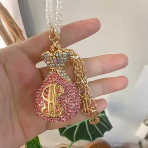 Rhinestone Crown Design Money Bag Car Pendant, Car Rearview Mirror Hanging Ornament with Pearl Chain, Car Interior Decoration Accessories for Women, Car Trinkets