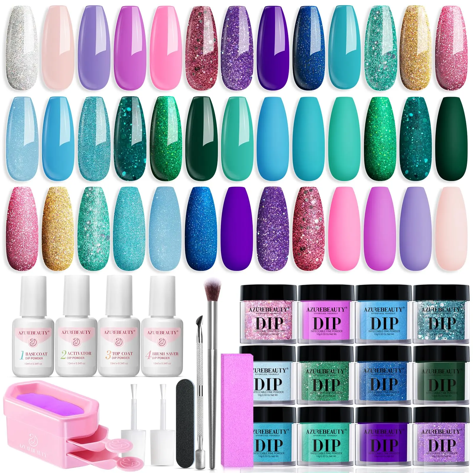 AzureBeauty 31-Pcs Dip Powder Nail Kit Starter - 20 Colors (Glitter, Nude, Green, Mermaid Series), Liquid Set with Base Top Coat Activator, for Nail Art, DIY Salon Manicure, Christmas Gift, Dip Powder Nails