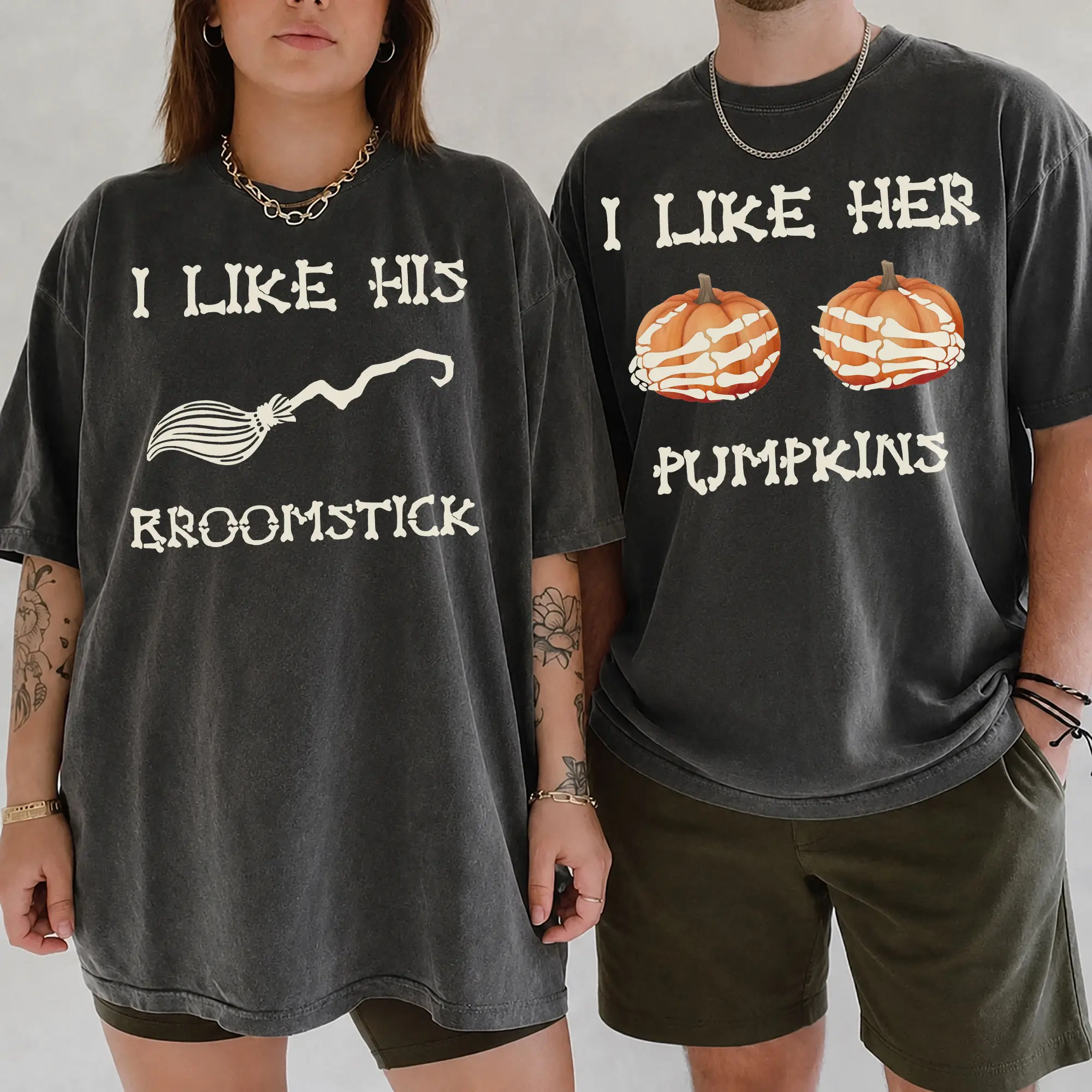 Couple Matching Halloween Shirt: I Like His Broomstick I Like Her Pumpkins Tee, Funny Matching Halloween T-shirt, Couple Halloween Party Tee