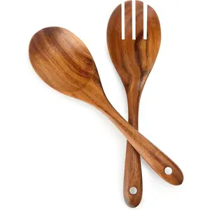 13-Inch Teak Wood Salad Spoon and Fork, Large Wooden Salad Serving Spoon and Spork Pack of 2, Teak Wooden Salad Serving Set, Country Rustic Salad Servers