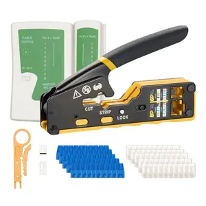 Crimping Tool Kit for Ethernet RJ45 RJ11 RJ12 Crimping, 4/6/8-Pin Modular Plugs, Mini Wire Stripper, 50 Connectors, 50 Boots, Replacement Blades, Network Cable Tester, Professional Crimp Tool Set
