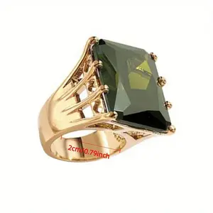 1pcLargeExaggeratedSquareGreenSyntheticZirconiaWomen’sRing-VintageGolden-ToneAlloyBandwithFacetedGemstone,ElegantStatementJewelryforDailyWearorGifting