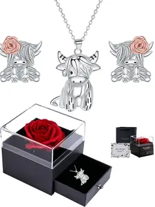 Highland Cow Jewelry Set - Highland Cow Pendant with Floral Earrings Rose Accent Earrings, Comes with a rose gift box - a commemorative birthday gift for pet lovers and girlfriends