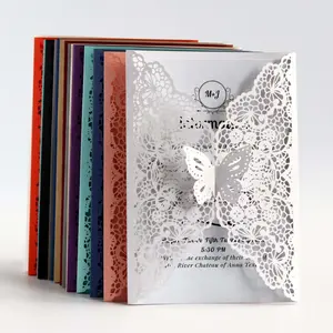 20Pcs Wedding butterfly lace greeting card laser cut invitation festival navy blue card European style pattern wedding invitation wholesale (Burgundy 20pcs)