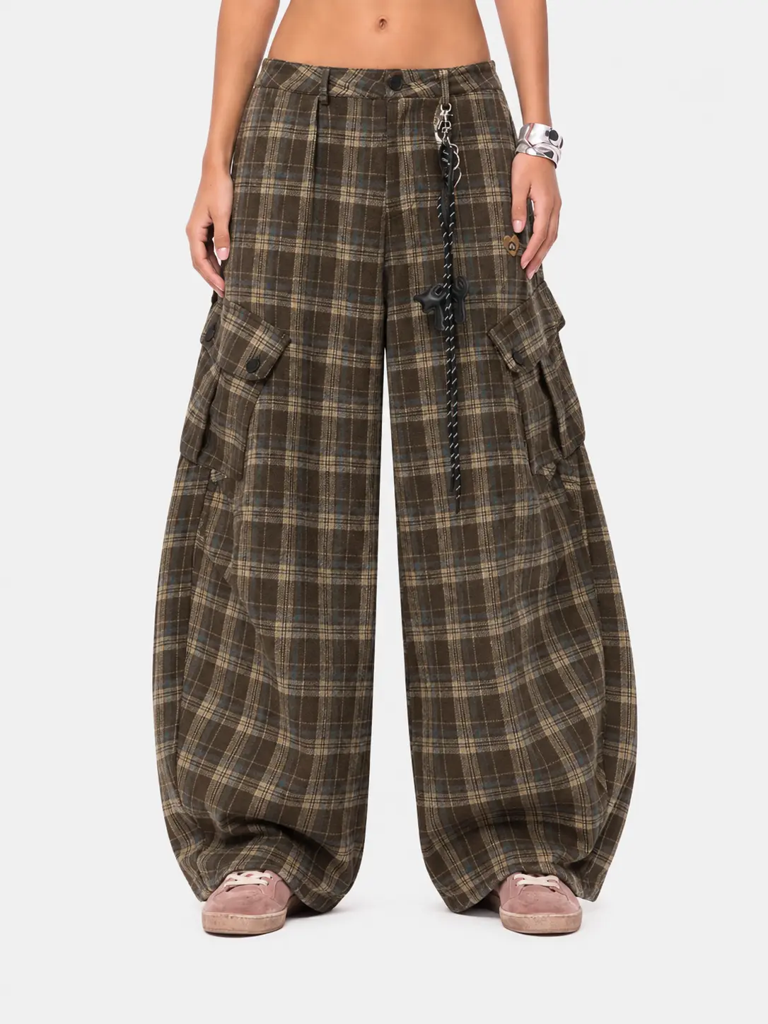 Aelfric Eden Men's High-Waist Oversized Plaid Cargo Pants - Vintage Check Fabric, Balloon Barrel Silhouette, Utility Pockets, Detachable Heart Embroidery Charm, Retro Vibe Unisex Fall/Winter Streetwear Bottoms