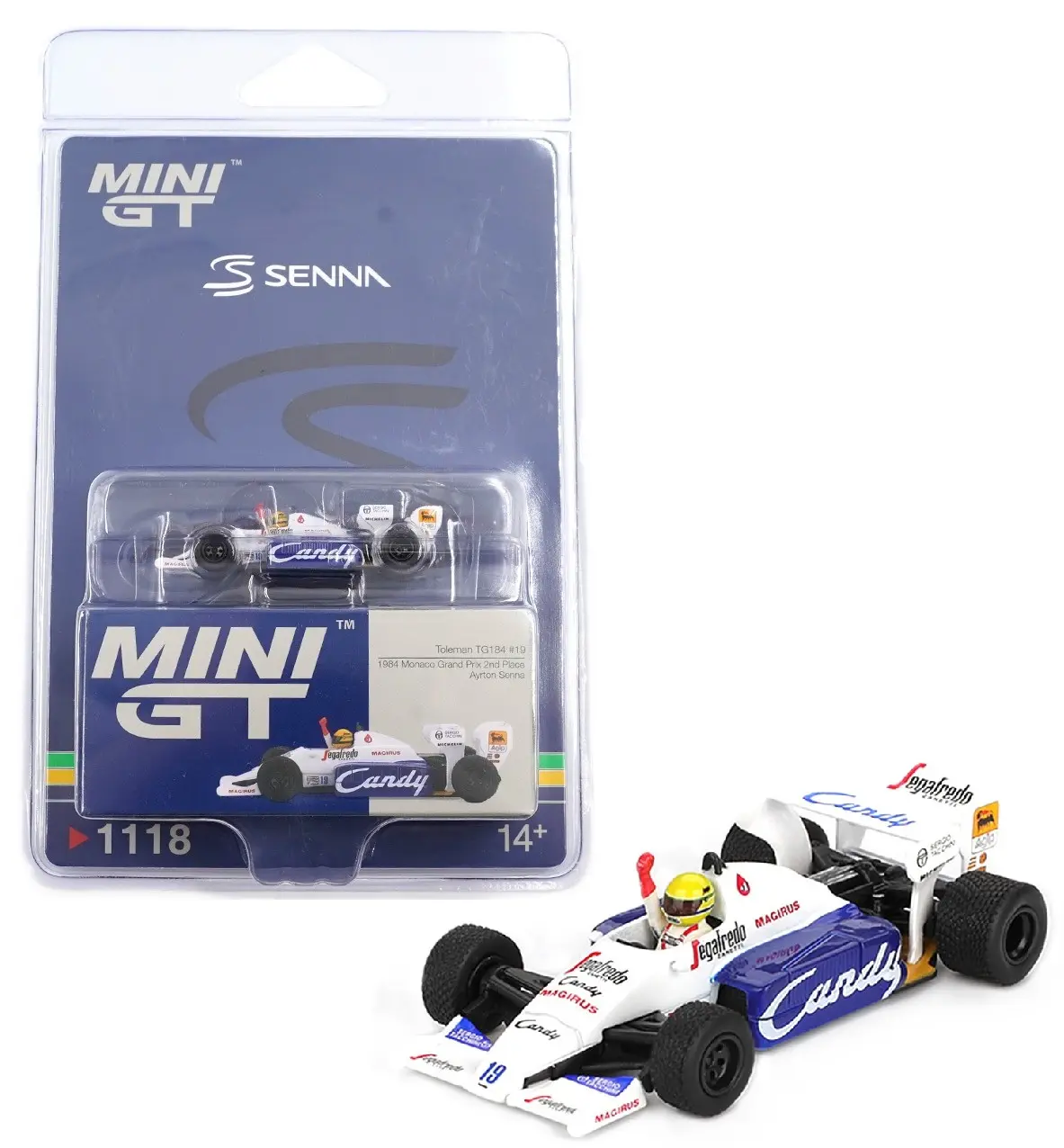 Mini GT 1:64 Toleman TG184#19 Ayrton Senna 1984 Monaco Grand Prix 2nd Place Diecast Model Car MGT01118