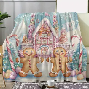 Funny Blanket Red Pink Christmas Blanket Gingerbread Man Santa Claus Print Skin-Friendly Blanket New for Home Christmas Decoration