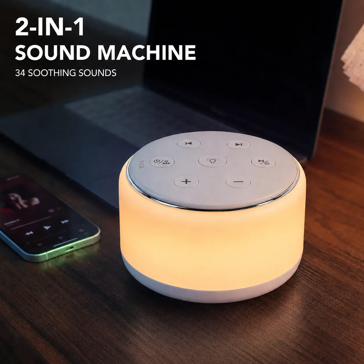 FamiSym White Noise Sound Machine with LED Light, Plastic Portable Speaker - 34 Soothing Sounds, Rechargeable, USB-C, Timer, for Nursery, Newborn Baby Shower Gift Adjustable Audio Compact
