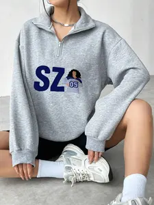 Women's Cartoon Girl & Letter Print Half Zip Up Drop Shoulder Hoodie, Casual Long Sleeve Hooded Sweatshirt for Spring & Fall, Fashion Women's Top for Daily Wear