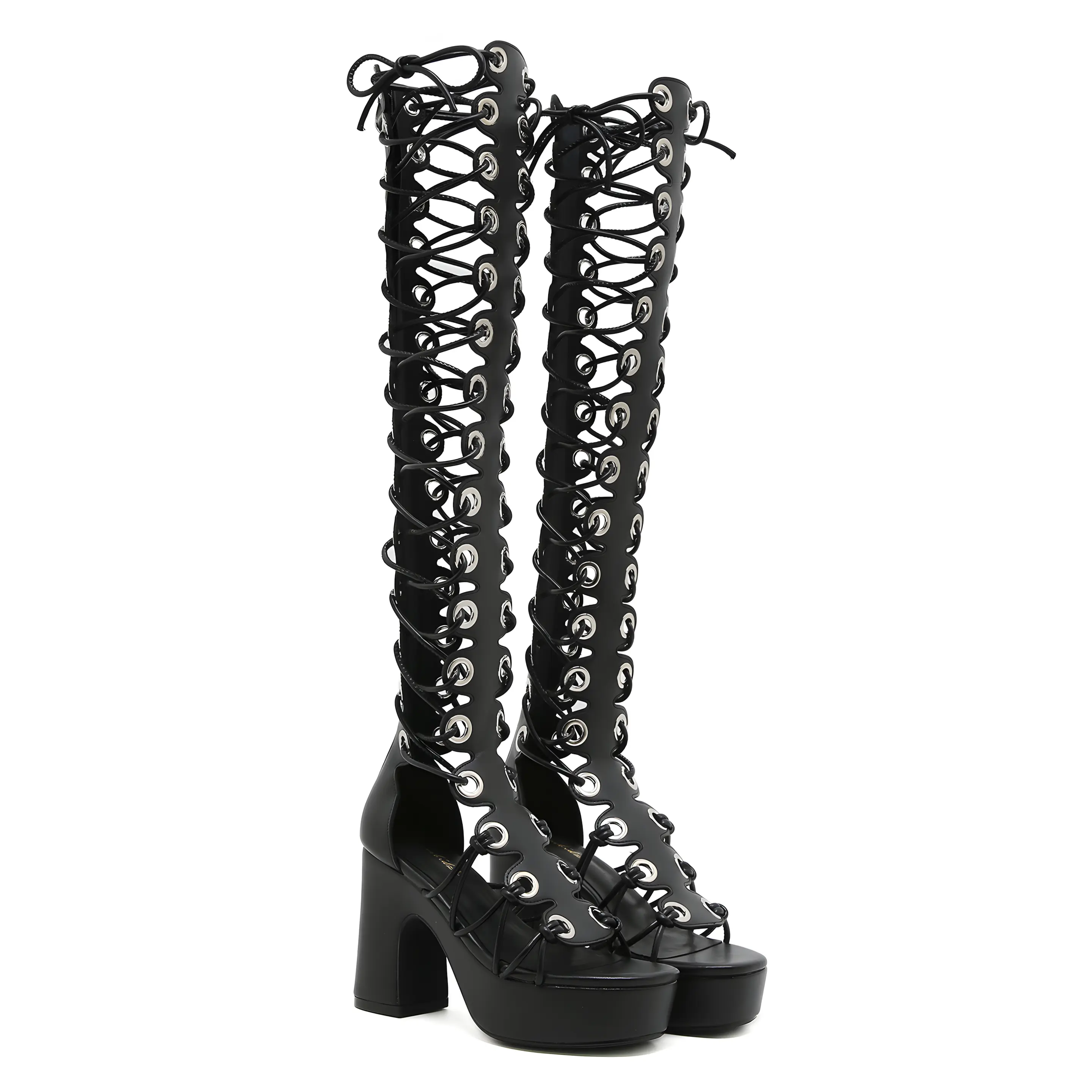 Black Gladiator Boots for Women, Knee-High Lace-Up Style with an Open Toe and Chunky Platform Heel for Parties, Bk