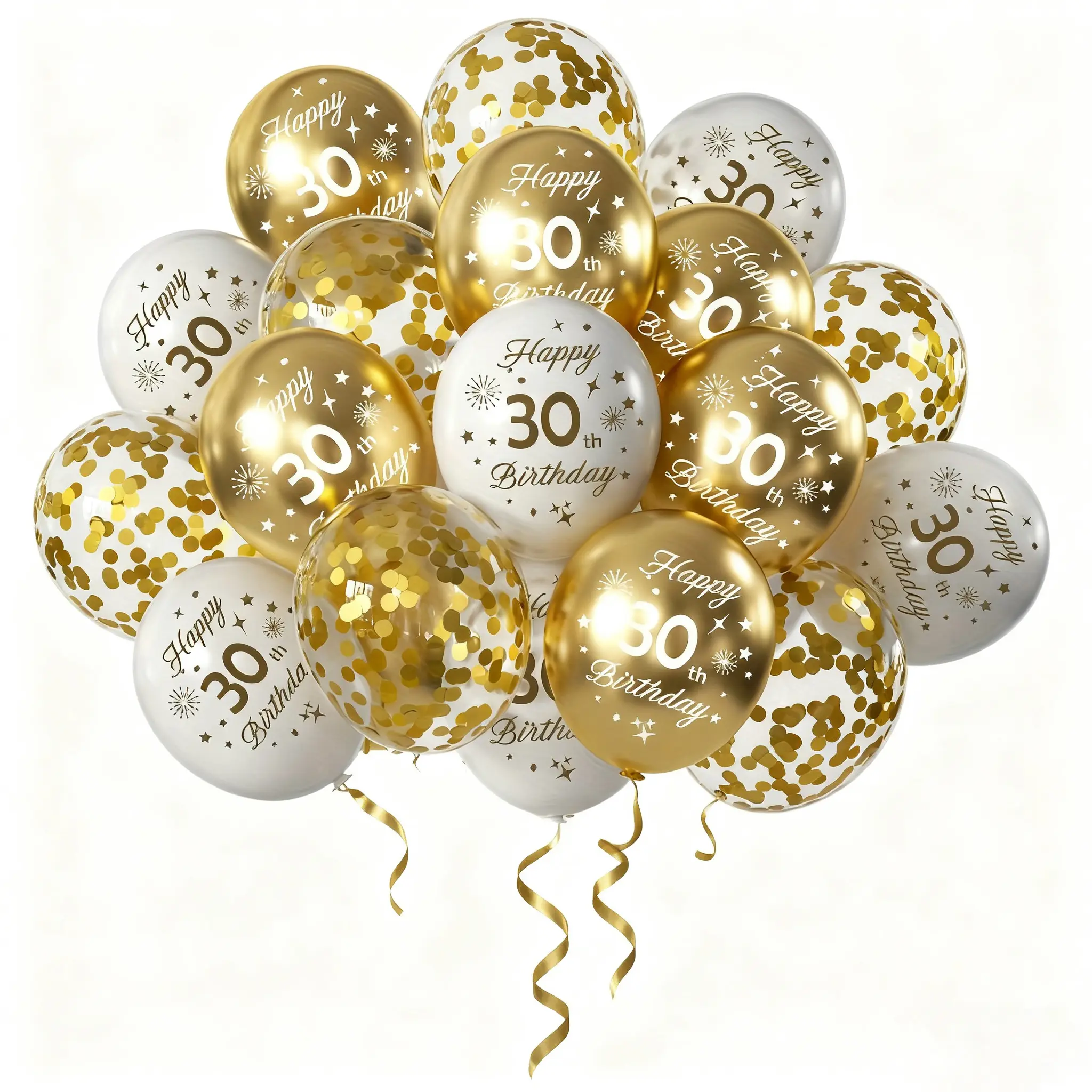 32pcs Golden and white balloons printed with "Happy 30th Birthday", 12inch birthday party balloons, Metallic latex balloons, Balloon Set, Party Supplies, for Retirement Party, Birthday Party, Anniversary, House Party Decorations