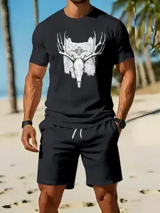 Men's 3D Digital Printed Two-Piece Outfit with Wild Deer Bone Totem, 2Pcs, Trendy Fashion Suit, Retro Casual Two-Piece Set, Resort-Style Trendy Wear, Breathable Sports Casual Style, an Ideal Festival Gift for Men