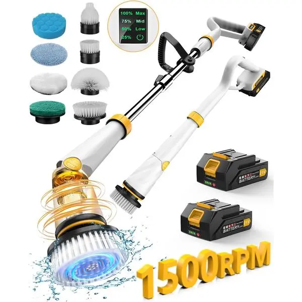 Electric Spin Scrubber Q2, 4000mAh Battery, 1500RPM High Power | Floor Scrubber Machine with Long Handle, Cordless Cleaning Brush, 8 Brush Heads and Smart Display for Showers, Tubs and Tile