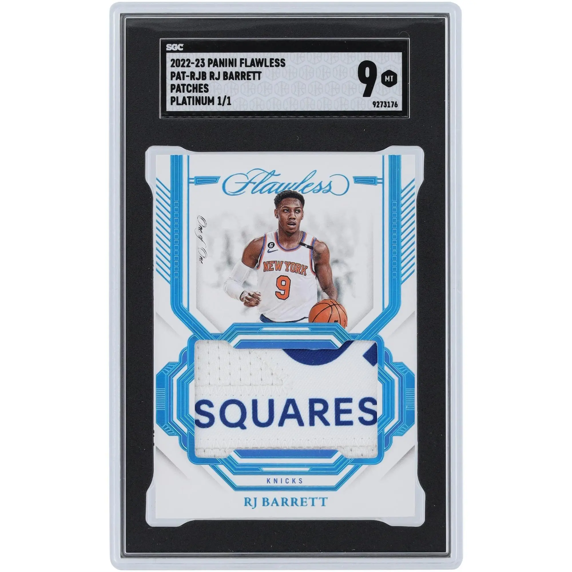 RJ Barrett New York Knicks 2022-23 Panini Flawless Logo Relic Platinum #PAT-RJB #1/1 SGC Authenticated 9 Card
