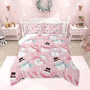 Pink Christmas Bedding Set, Snowman Comforter Set, Xmas Tree Comforter New Year Decor Microfiber Duvet Set, Bedroom Quilt Set