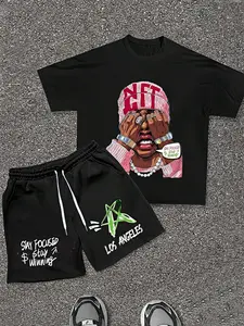 Urban LA Hip-Hop Streetwear Outfit Men’s "Stay Focused" LA Hip-Hop 2-Piece Set | Black Rapper Portrait Tee + Star Logo Shorts