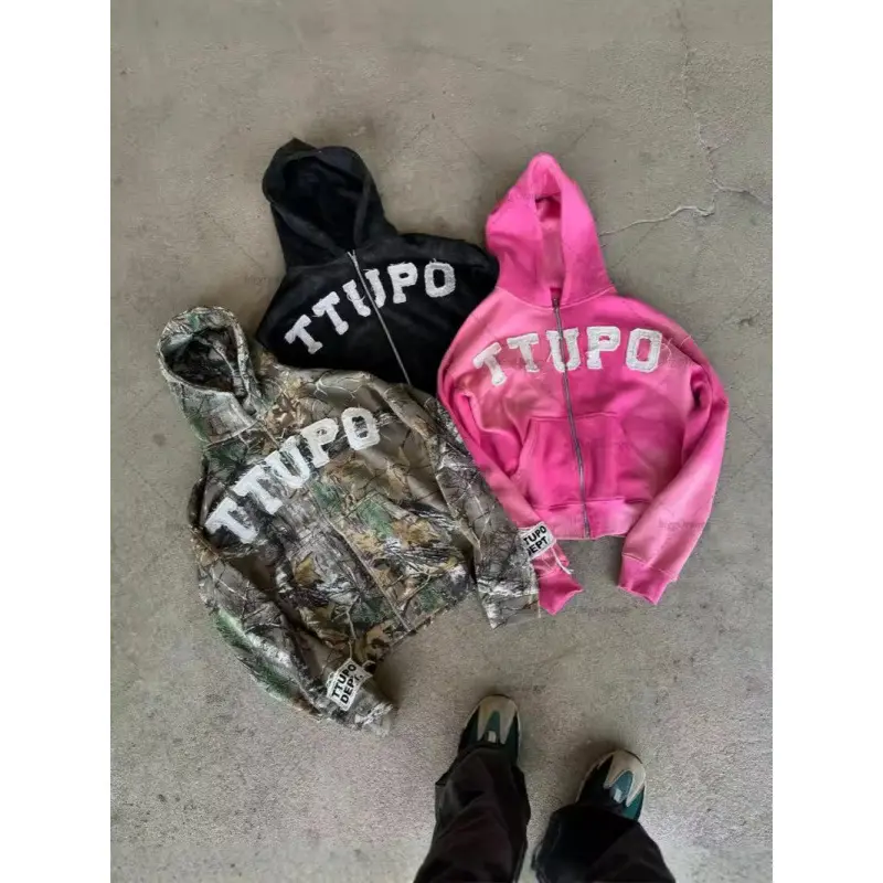 Trendy fashion hoodie Grunge graphic zip-up hoodie Y2K hip-hop streetwear Menswear Sweatshirts