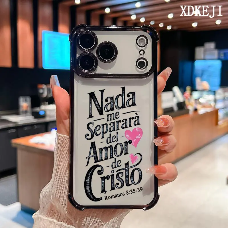 Four-corner anti-fall Bible Quote Romans 8:35-39 pattern mobile phone case, suitable for iPhone17/16/15/14/13/12/11/pro max/air, shockproof mobile phone protective cover, strong mobile phone protection accessories