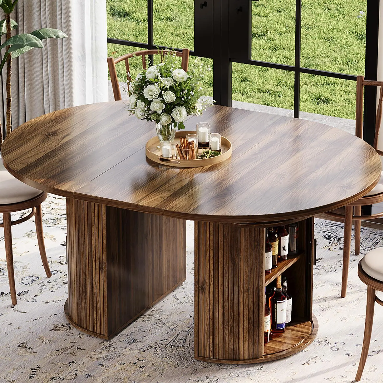63" Extendable Round Dining Table – Expandable Oval Pedestal Table with 4-Tier Hidden Storage, Sliding Doors & Hollow Shelf – Walnut Brown