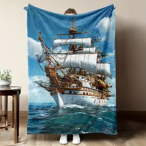 1pc Vintage Pirate Ship Flannel Throw Blanket - Soft, Warm, and Cozy with Nautical Design, Perfect for Sofa, Bed, or Office - Ideal Gift for Friends and Family, Digital Print, Polyester, All-Season Use, Nautical Decor