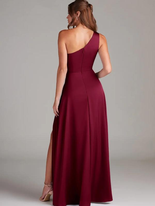 Azazie Brooke One Shoulder Pleated Knot Slit A-line Bridesmaid Wedding Ceremony Stretch Satin Dress