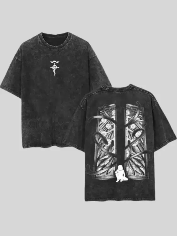 Retro Heavy Limited Gatekeeper - Fullmetal Alchemist Anime Double Printed Vintage Oversized Washed Tee Unisex Oversize Anime Manga Washed Heavyweight Cotton T-shirt, Gift For Anime Fan, Anime Lover,summervibes Menswear Top Tshirt Streetwear humorous men
