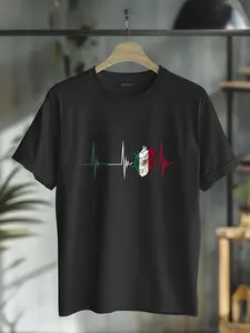 100% Cotton Unisex Mexico Heart Mexico Flag Heartbeat EKG Pulse Mexican Pride T-Shirt Graphic Printed Casual Round Neck T shirt