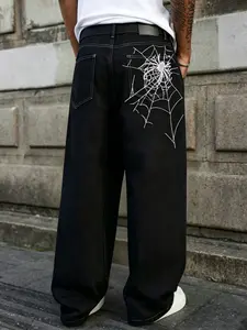 Men's Jeans with Spider Embroidery, American High Street Fashion, Hip-Hop Streetwear, Loose Straight-Leg Pants, Trendy Men's Clothing