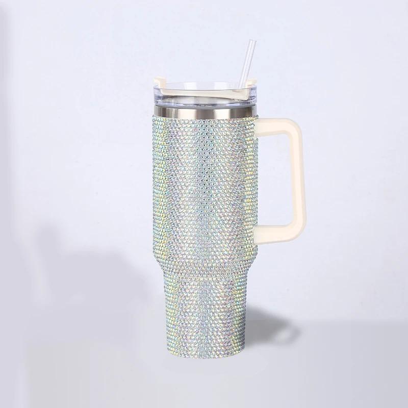 Car Stuff 40oz Shiny Diamond Stainless Steel Insulated Tumbler with Handle | Car Travel Mug | Keeps Hot & Cold