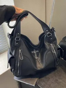 Personalized  niche design dark punk style cross chain shoulder tote bag, multi-zipper design shoulder underarm bag, fashionable and casual versatile, suitable for Halloween activities, shopping, etc., Crossbody Shoulder Bag