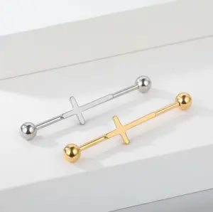 1PC Surgical Steel 14G Cross Industrial Helix Barbell Piercing (Silver, Gold)