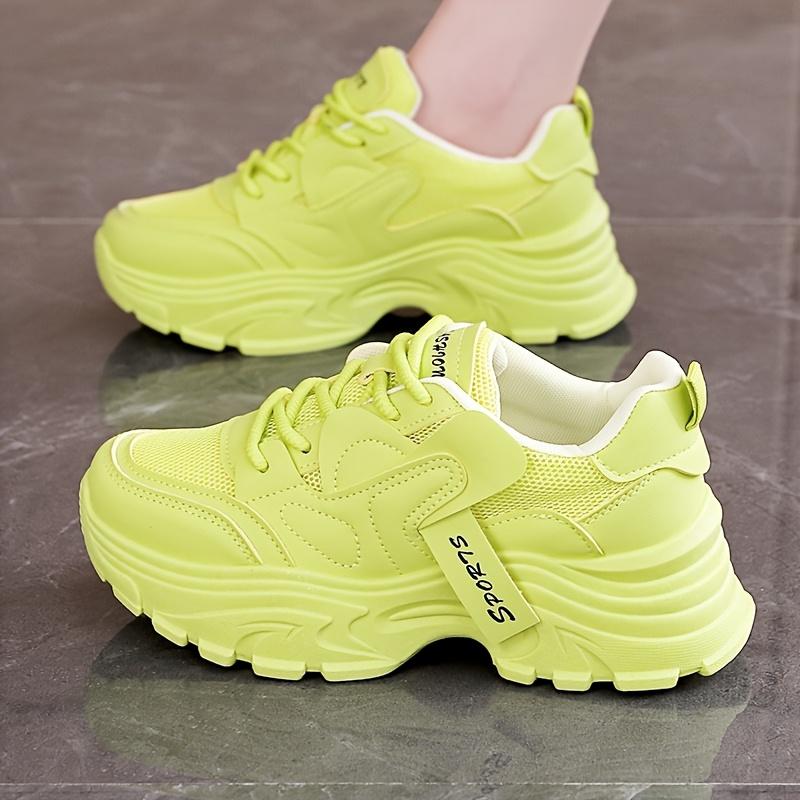 Women's Breathable Running Sneakers - Lace-Up Chunky Platform Sneakers, Neon Green Casual Walking Shoes with Thick TPU Sole, All-Season Comfort Design, Casual Sneakers |   Trendy Footwear |   Synthetic Synthetic Leather Upper Girl Trainer Training Runner