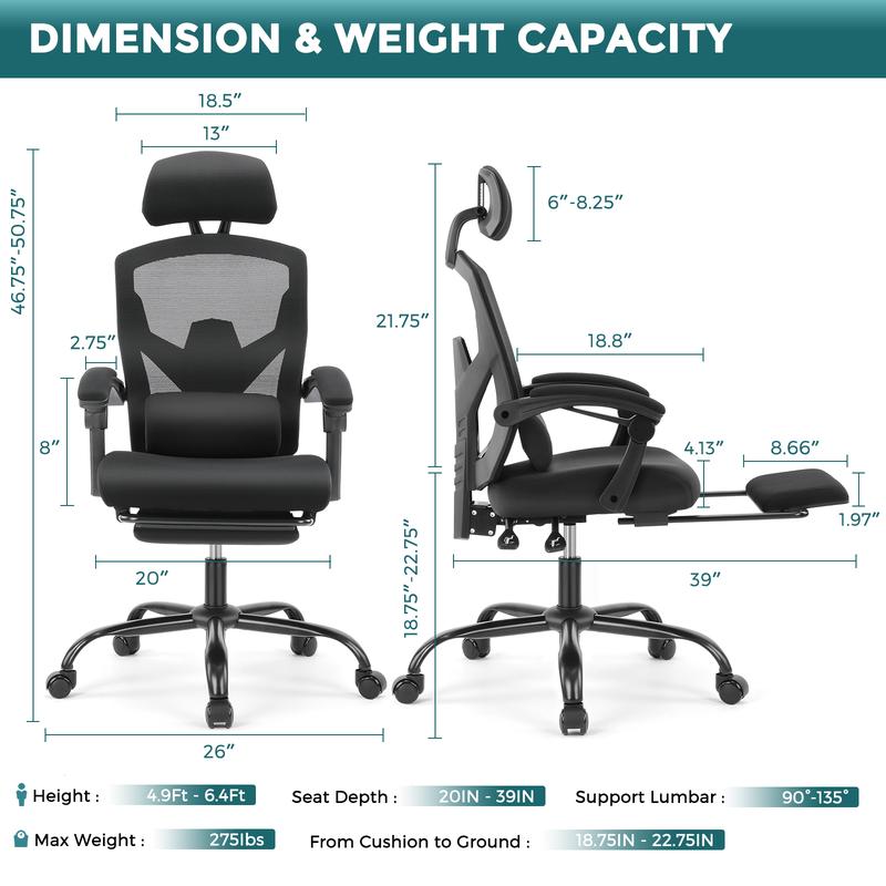 Sweet Furniture Ergonomic Office Chair with Foot Rest and Adjustable Headrest, Mesh Swivel Rolling Task Chair, Height Adjustable, Office Gifts