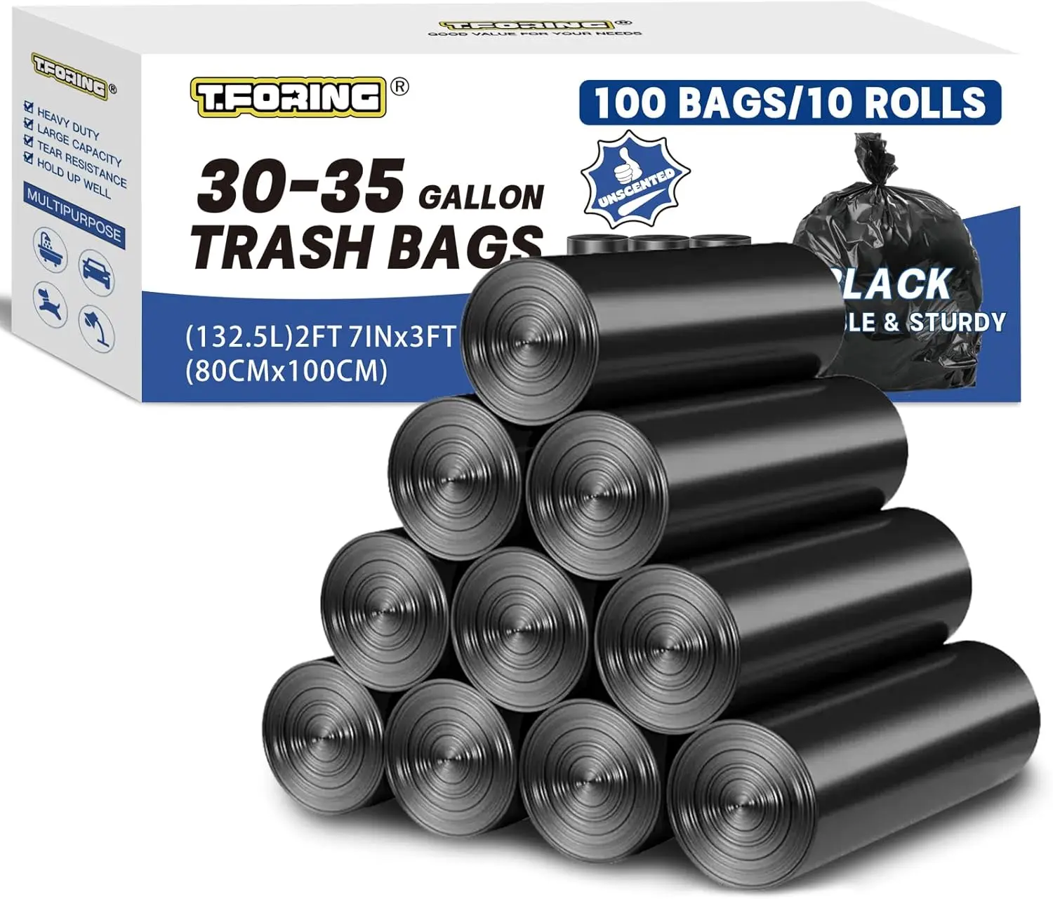 30-35 Gallon Heavy Duty Trash Bags, 100 Count, 1.5 Mil, 31"x39", Unscented Black, Strong Plastic Can Liners for Kitchen, Lawn & Commercial Use