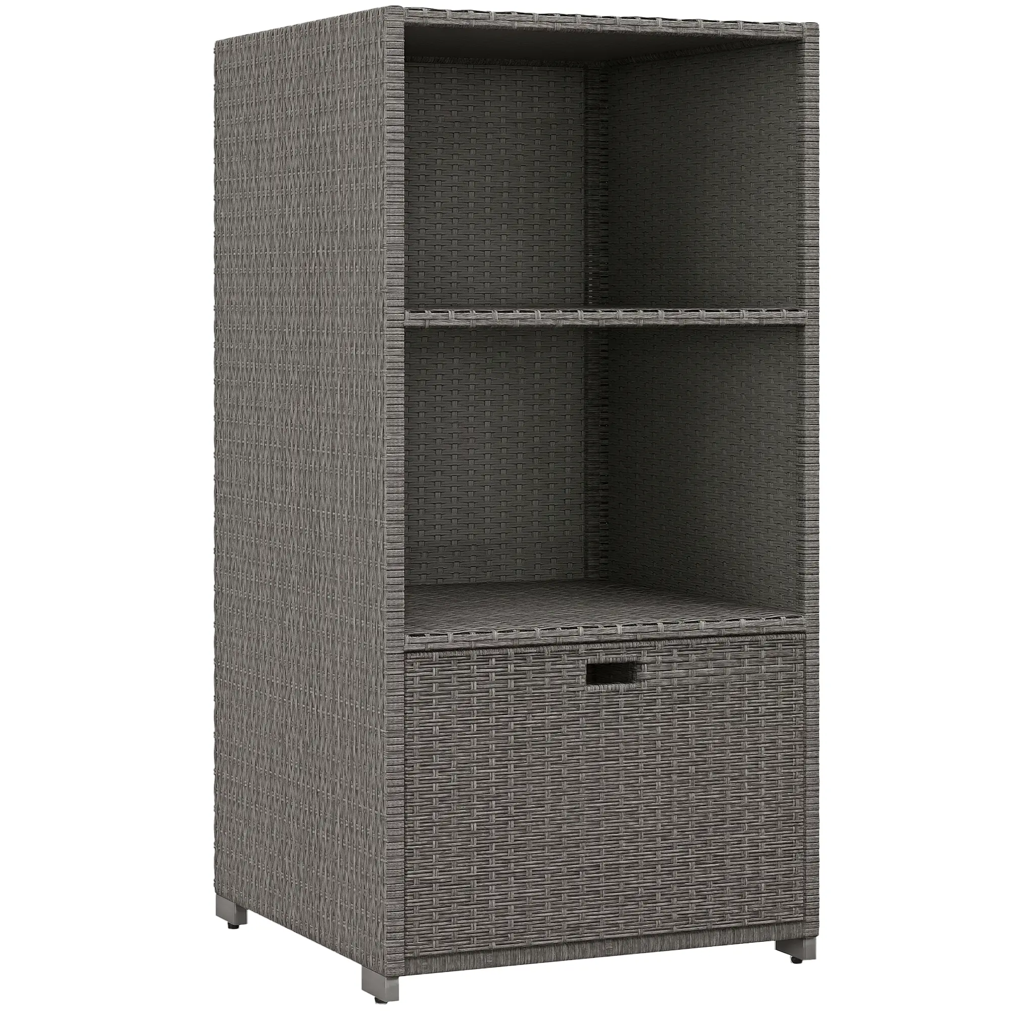 Outsunny Valet Pool Towel Rack, Waterproof PE Plastic Rattan Wicker Storage Organizer, Indoor Outdoor Spa, and Hot Tub Accessory Storage, 2 Shelves, 1 Basket Drawer, Espresso