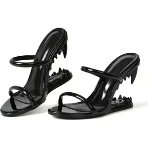 Sandals for Women Strappy Heels Round Open Toe Heels Metallic Shark Tiger Teeth heeled Sandals Flip Flops Thong Womens Mules Slip on Party Dress Wedding Ceremony