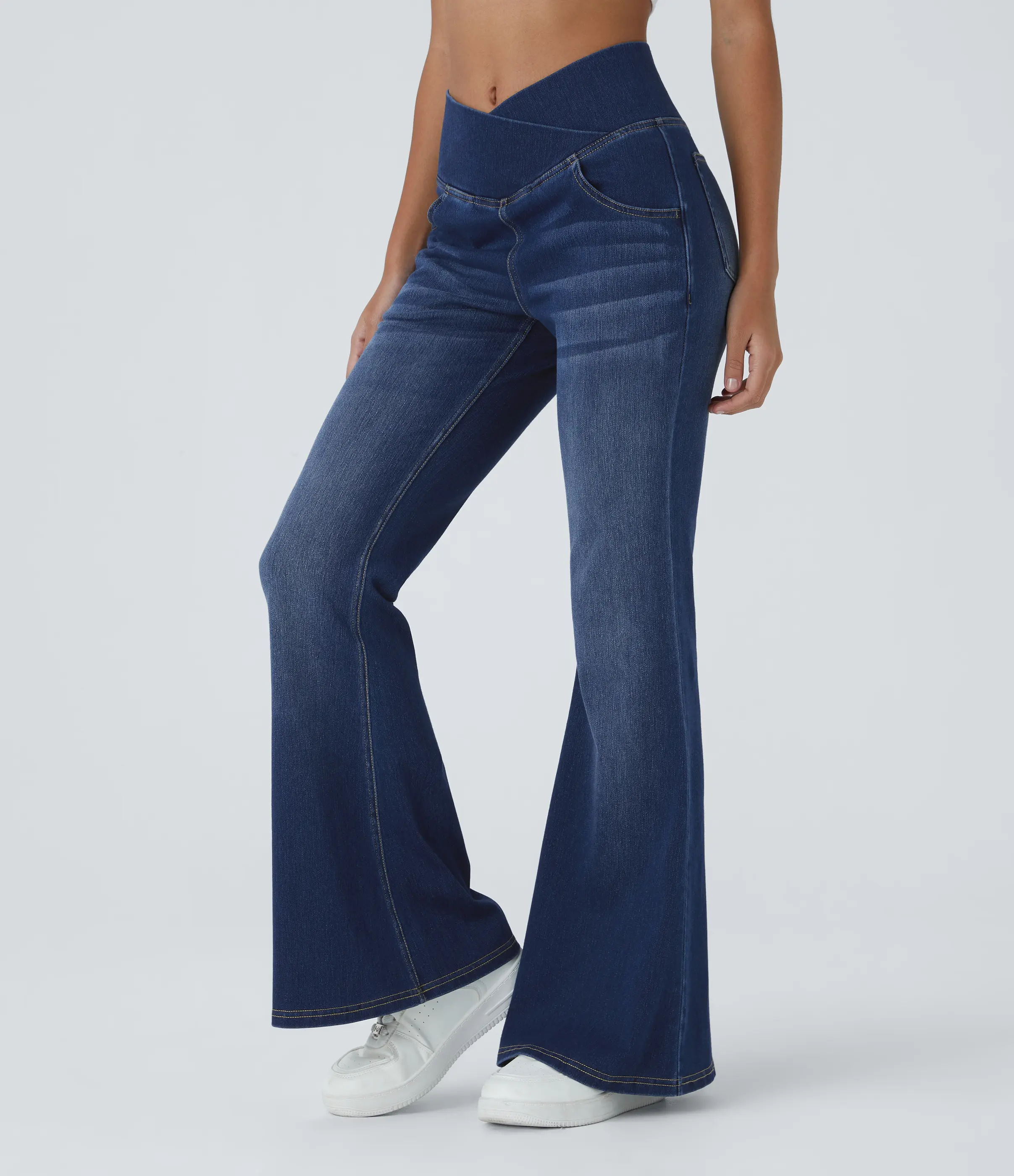 Halara Flex High Waisted Crossover Pocket Washed Stretchy Knit Casual Flare Jeans