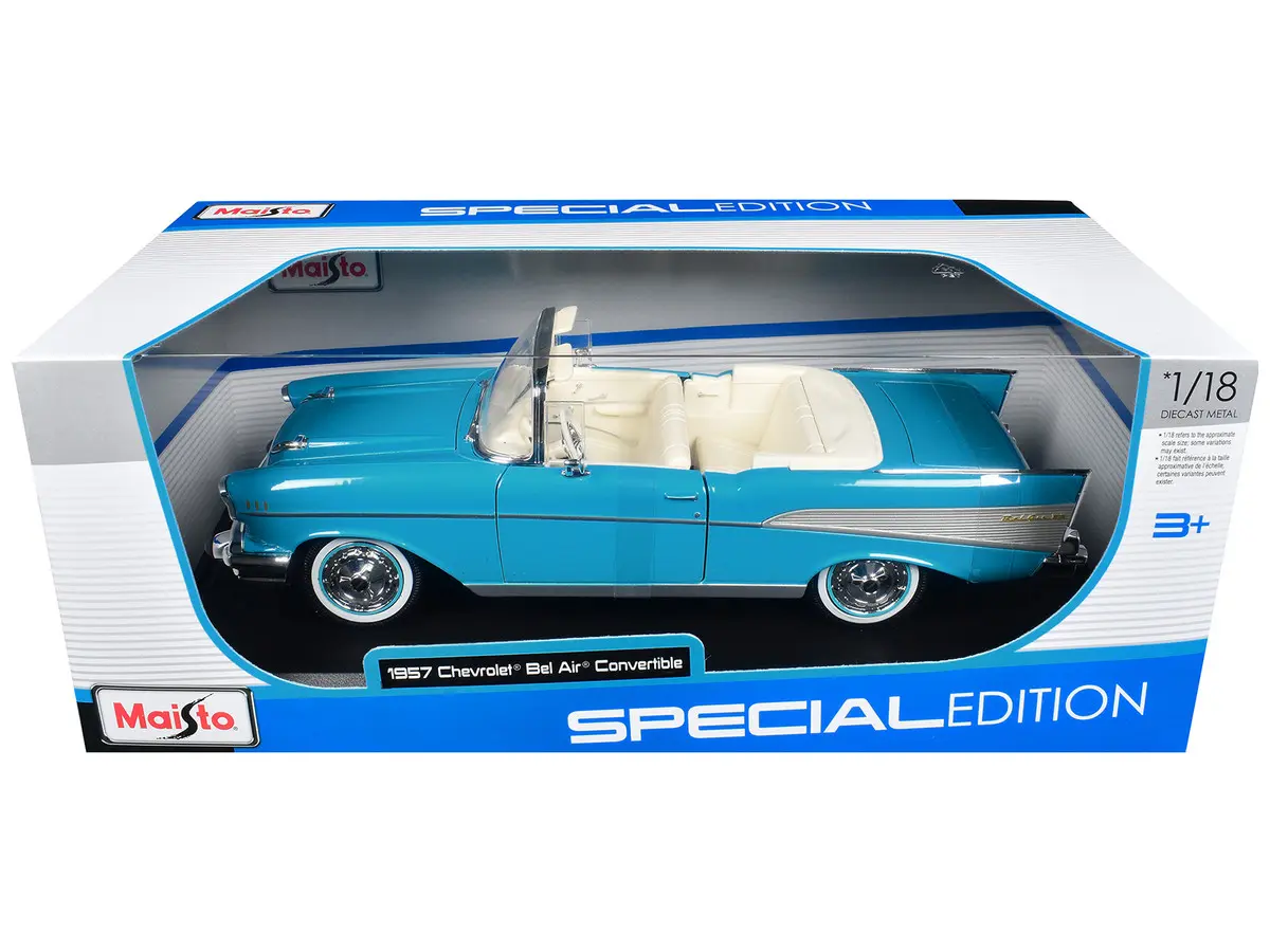 1957 Chevrolet Bel Air Convertible Blue with White Interior 1:18 Scale Diecast Model Car by Maisto
