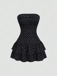 Sweetra New Winter French Fashion Polka Dot Lace Ruffle Bow Design Office Commute Everyday Cute Sweet Style Strapless Bodycon Cinched Waist Tiered Hem Black Elegant Ladies Dress