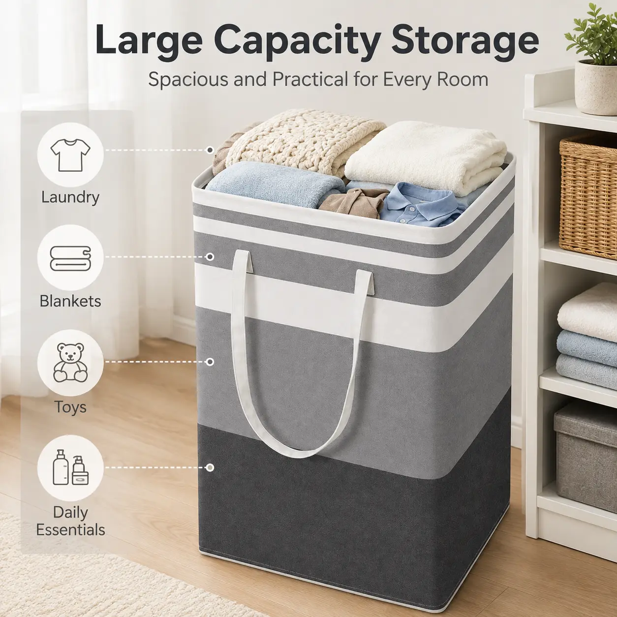 Minimalist Laundry Hamper, 80L Freestanding Striped Cotton-Flax Basket with Waterproof Odour Control Lining for Bathroom and Kid's Room, Kid Room, Modern, Collapsible