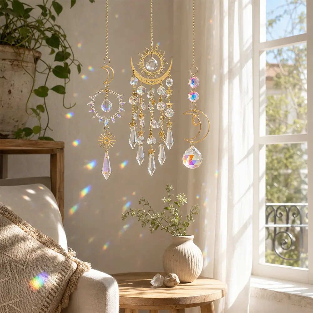 3PCS Ornate Crystal Sun Catcher Set, Golden Glass Prism Window Hangings for Home, Party, Wedding Decor, Love Theme,Ideal for Christmas, Halloween, Easter, Hanukkah, Thanksgiving