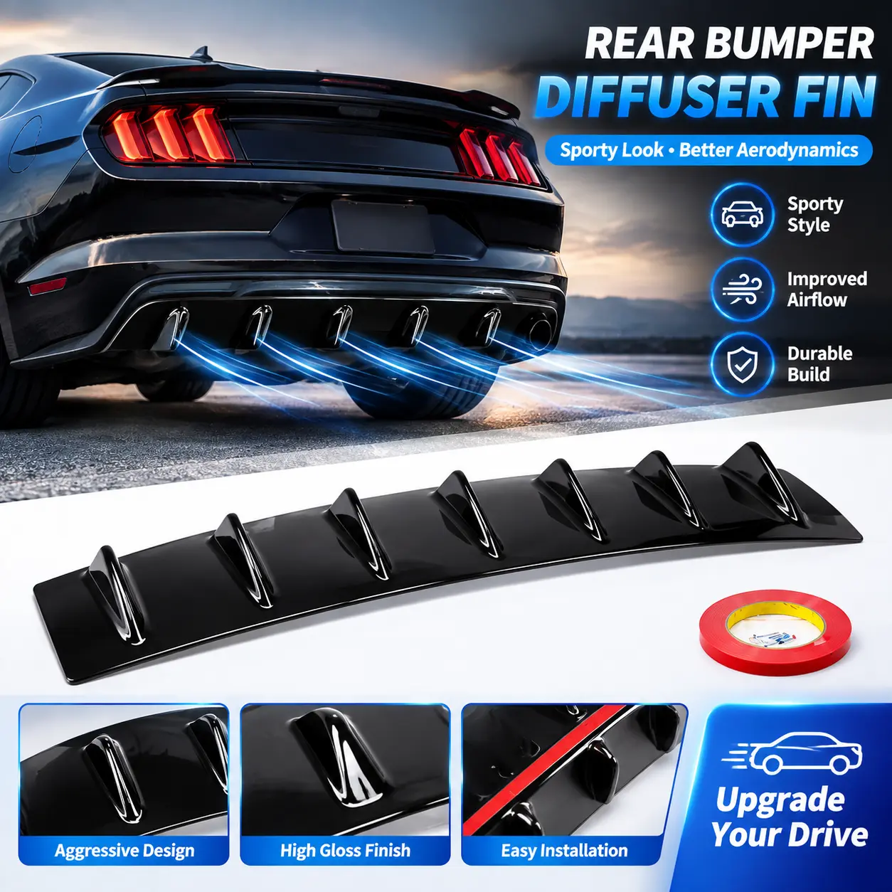 7-Fin Shark Fin Universal Rear Bumper Diffuser Lip, Gloss Carbon Fiber Black Vortex Generator, Trimmable No-Drill Self-Adhesive Valance, Aero Tuning Part for Sedan Coupe, Boosts Stability, Reduces Turbulence & Drag